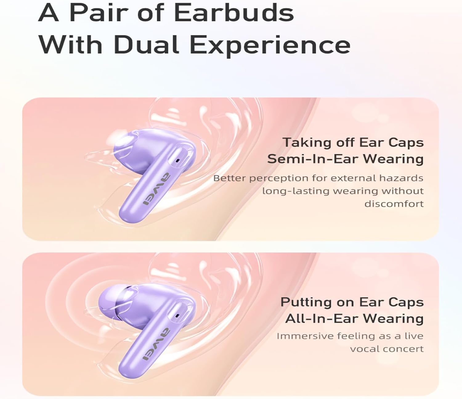 Diagram showing semi-in-ear and all-in-ear wearing styles for AWEI T90 Earbuds