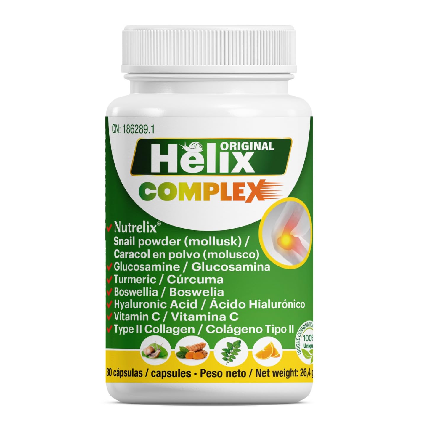 Helix Original Complex | Integratore naturale per dolori articolari con estratto di lumaca, glucosamina, acido ialuronico, curcuma e boswellia | Favorisce la mobilità, l'elasticità | 30 capsule
