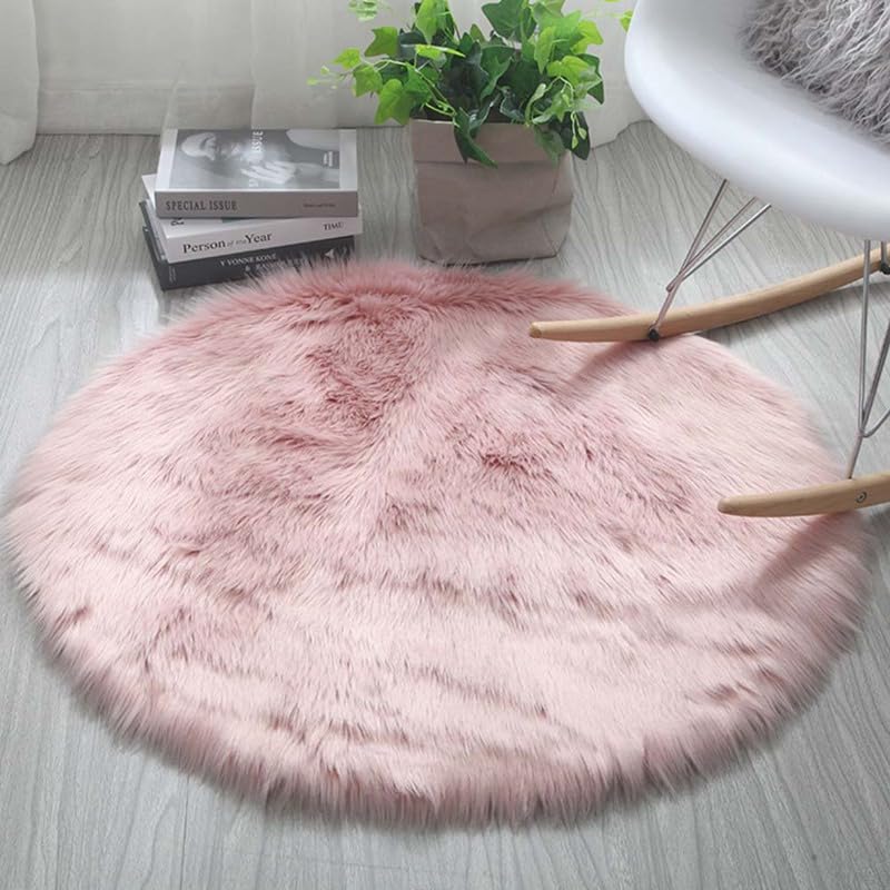 Tapis rond en fausse fourrure 140 cm imitation laine moelleux pour salon