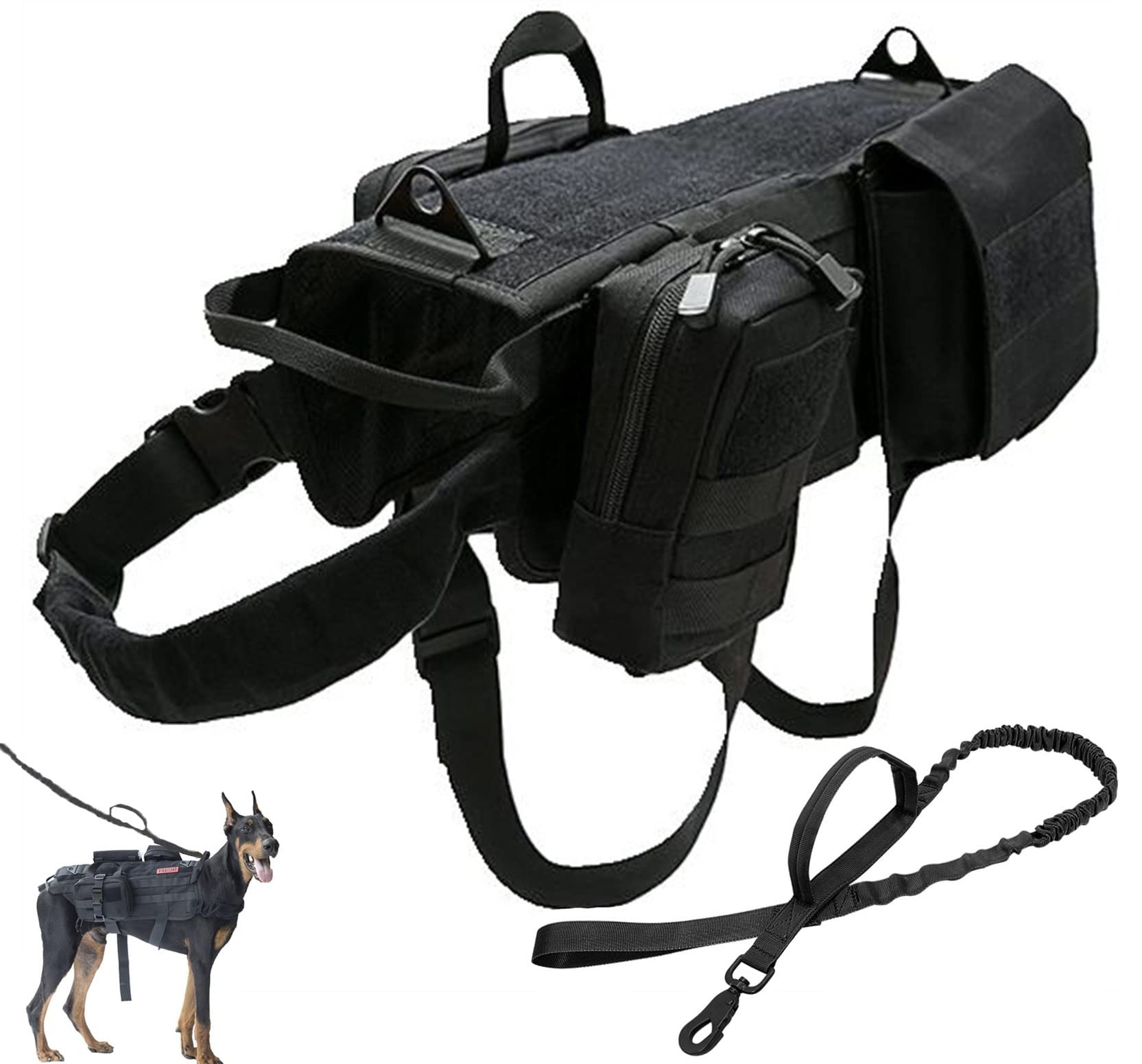 Tactical Dog Harness Set with Lead, Adjustable Military-Style Vest, Includes Storage Pockets and Bags for Outdoor Training and Working