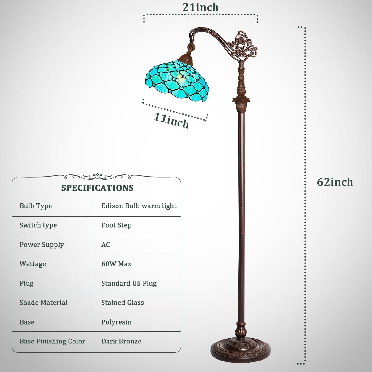 Capulina Tiffany Lamp Stained Glass Floor Lamp 62 Inches Tall Seagrass Blue Beads Soft Light Arched Adjustable Angle Tiffany Style Reading Floor Lamp for Living Room Bedroom Study Home Office