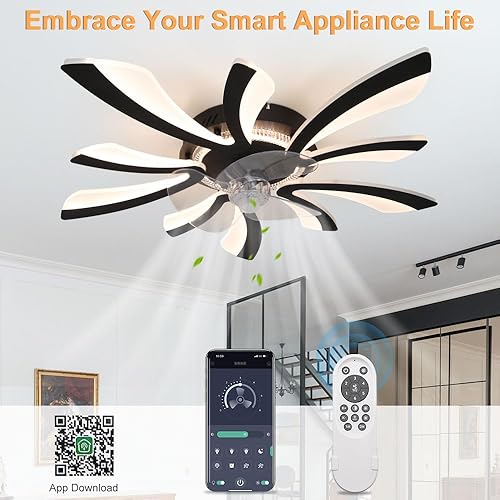 Miniatura 6 de SUNOVO Ventilador de perfil bajo con luz, ventilador de techo de flores regulable de 31 pulgadas, ventilador de techo LED de montaje empotrado con