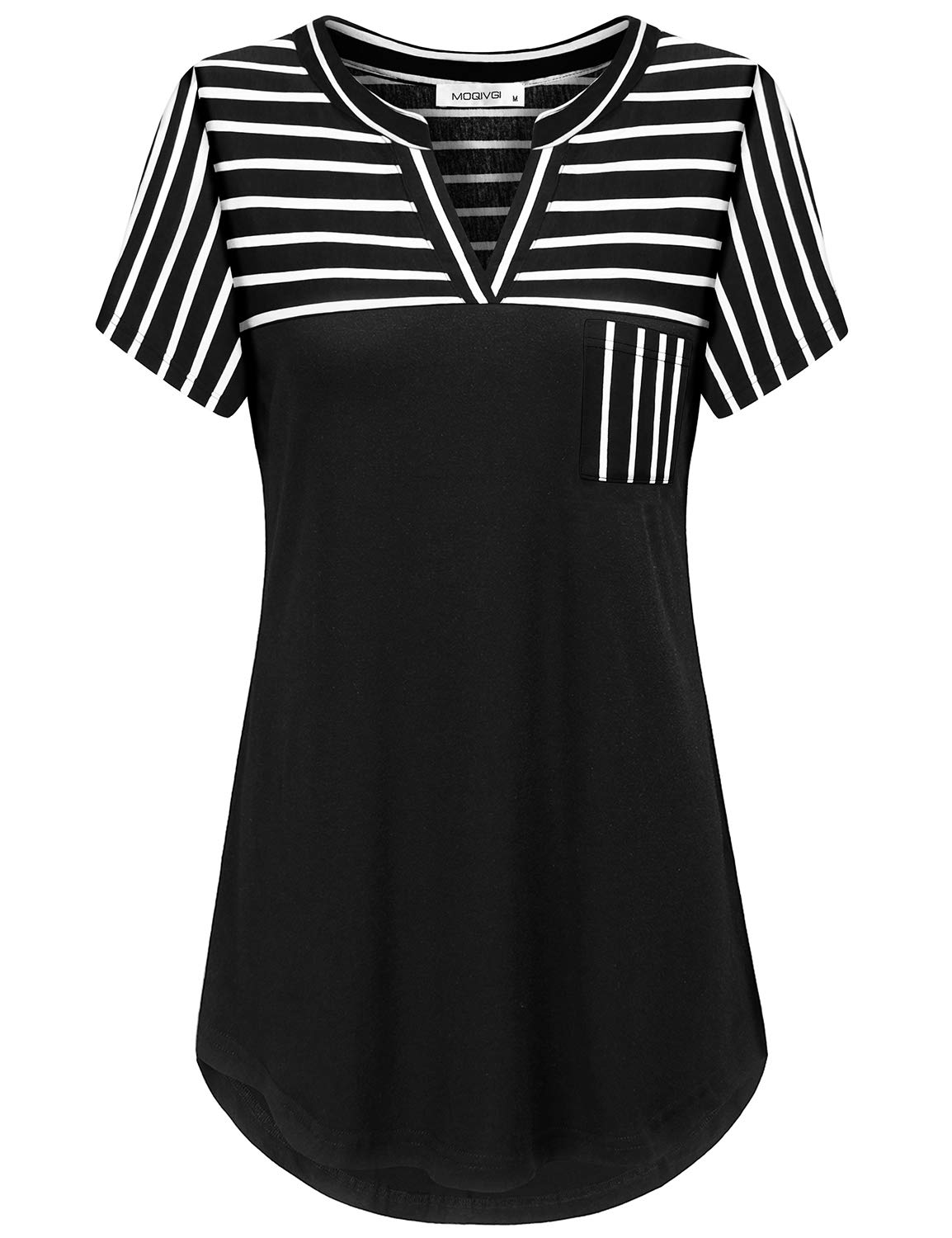 MOQIVGIWomens Short Sleeve V Neck Plaid Pleated High Low Hem Tunic Top