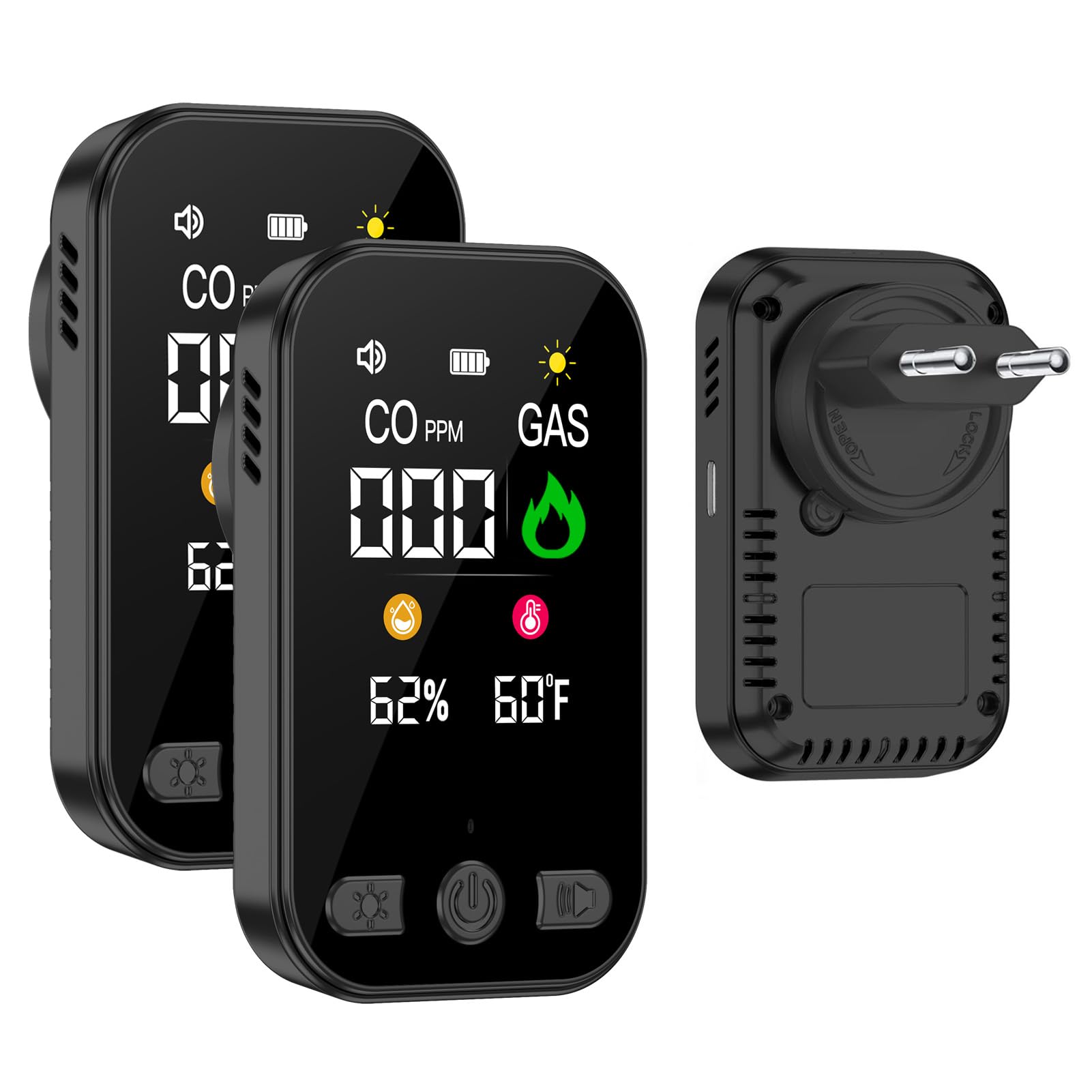 Wolf Guard 4 in 1 Rilevatore di Gas e Monossido di Carbonio con Spina per Casa, Rivelatore di Gas Combustibile per Gas Naturale LPG Metano Propano Butano, con Batteria, HD12-CG (Nero 2 pezzi)