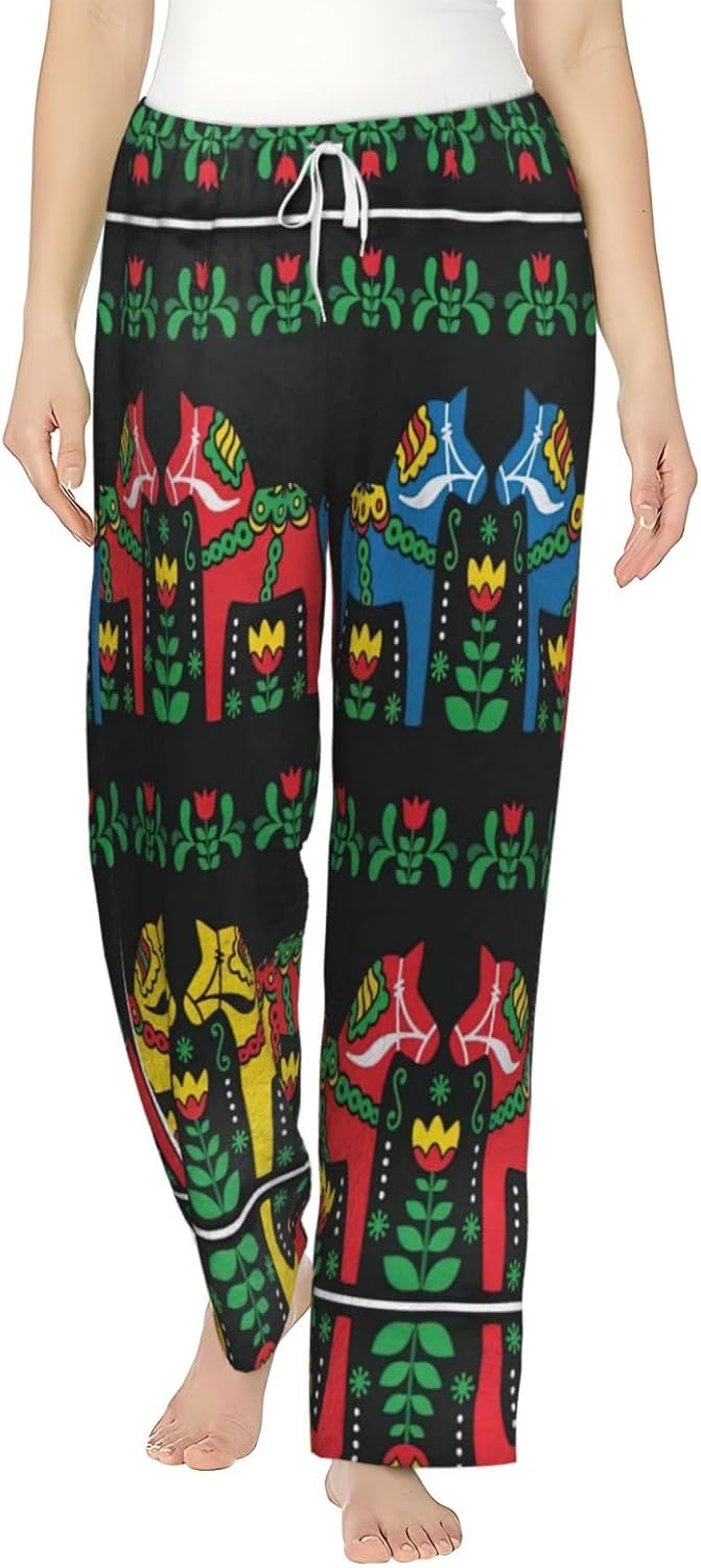 Runner Swedish Dala Horse Folk Print Cozy Christmas Pajama Pants,Flannel Pajama Bottoms,Cater To Various Body Types