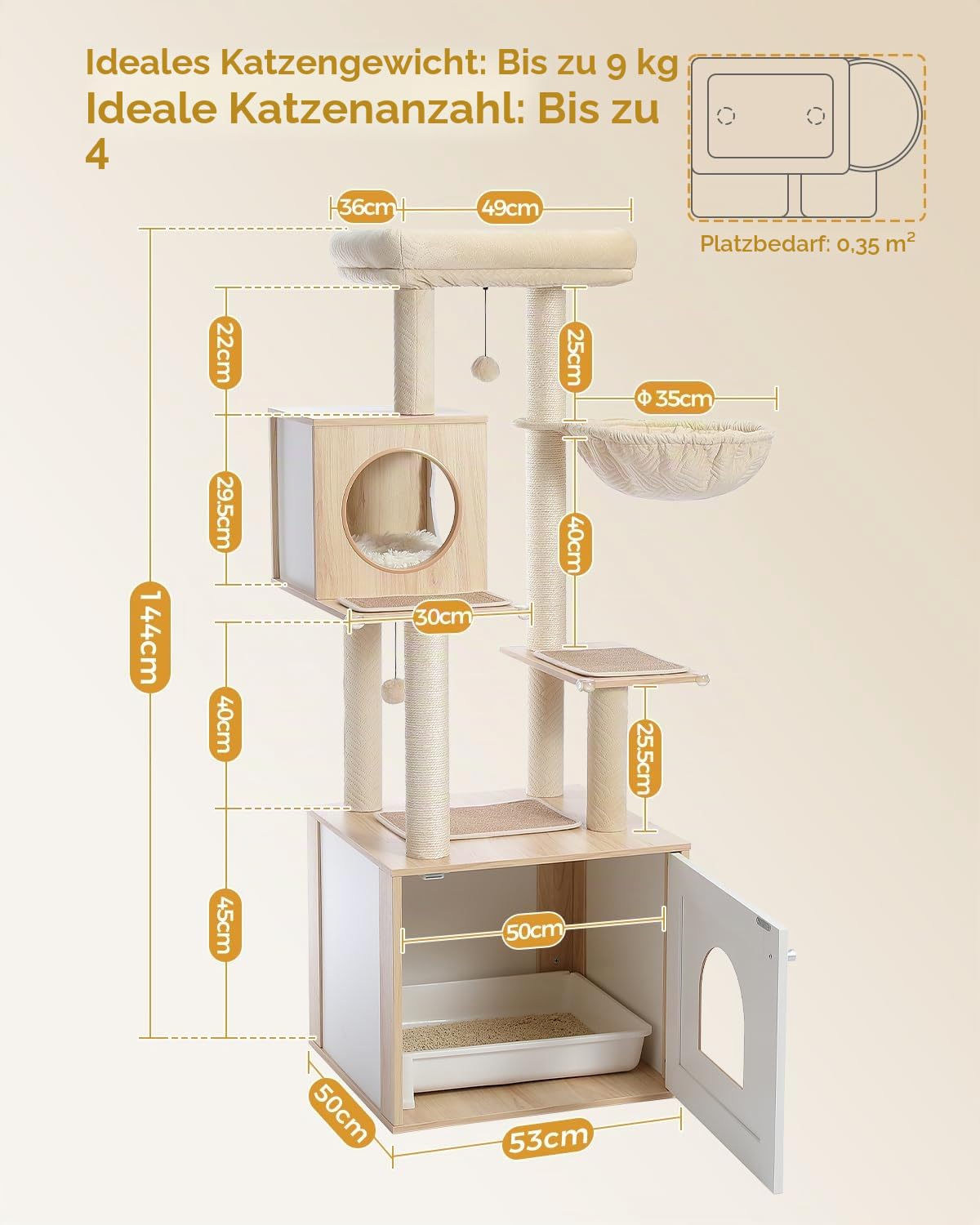 PAWZ Road Moderner Katzenbaum Holz Katzenturm mit Aufbewahrungsschrank Katzentoilette Gehege und geräumiger Katzenhütte Große obere Sitzstange und Hängematte Beige