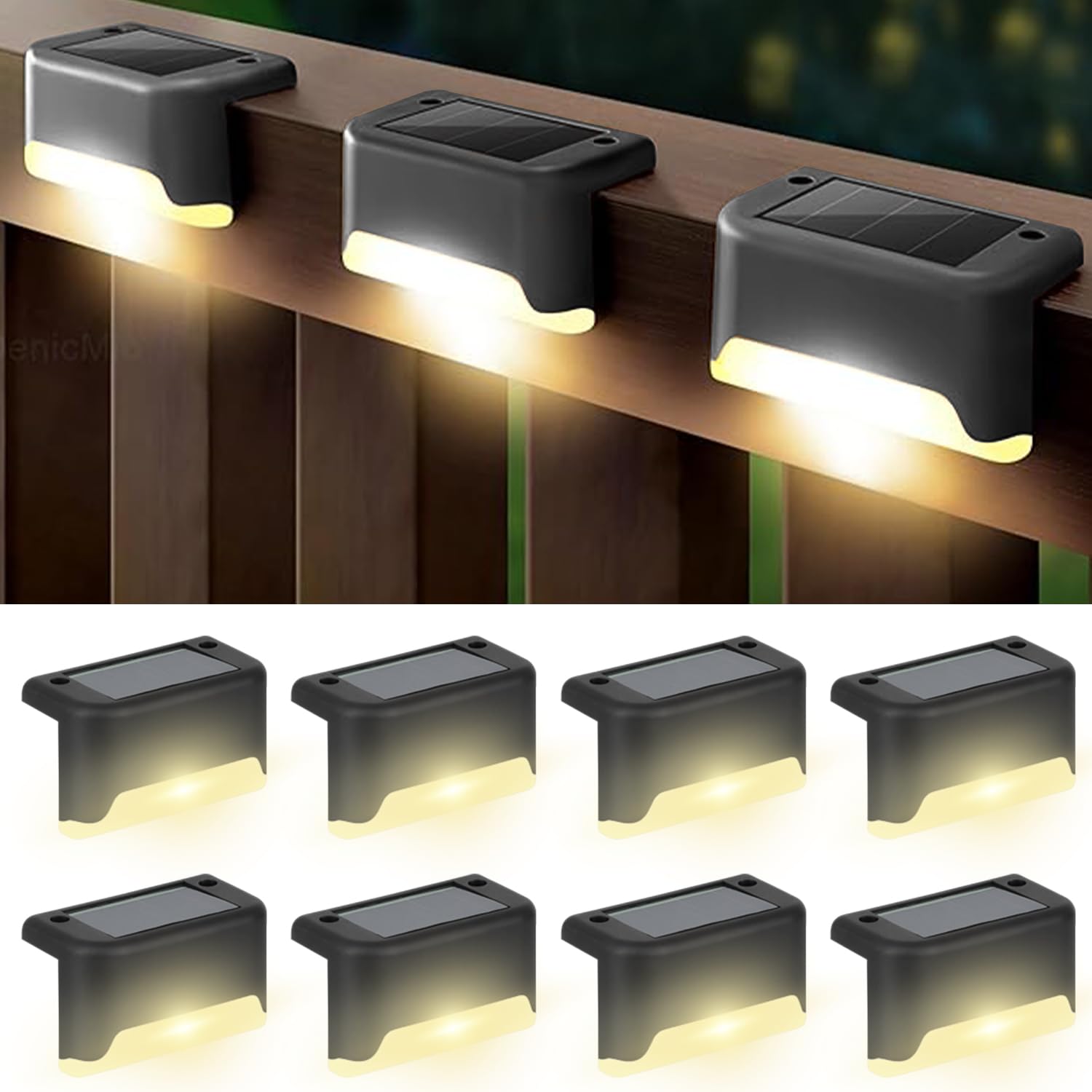 EMBOX Solar Light Outdoor Garden Waterproof Stair Deck Pool Patio Fence Gate Yard Floor Step Railing Window Balcony Sunlight Pathway (Black 8, Standard)