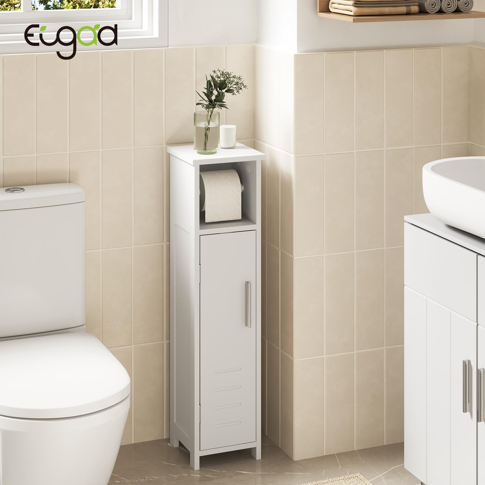 EUGAD Meuble de Salle de Bain, Petit Meuble de Rangement de Salle de Bains, Armoire Étroit pour Papier Toilette, Gain de Place, pour Petits Espaces, 18 × 18 × 71 cm, Blanc 0229WY