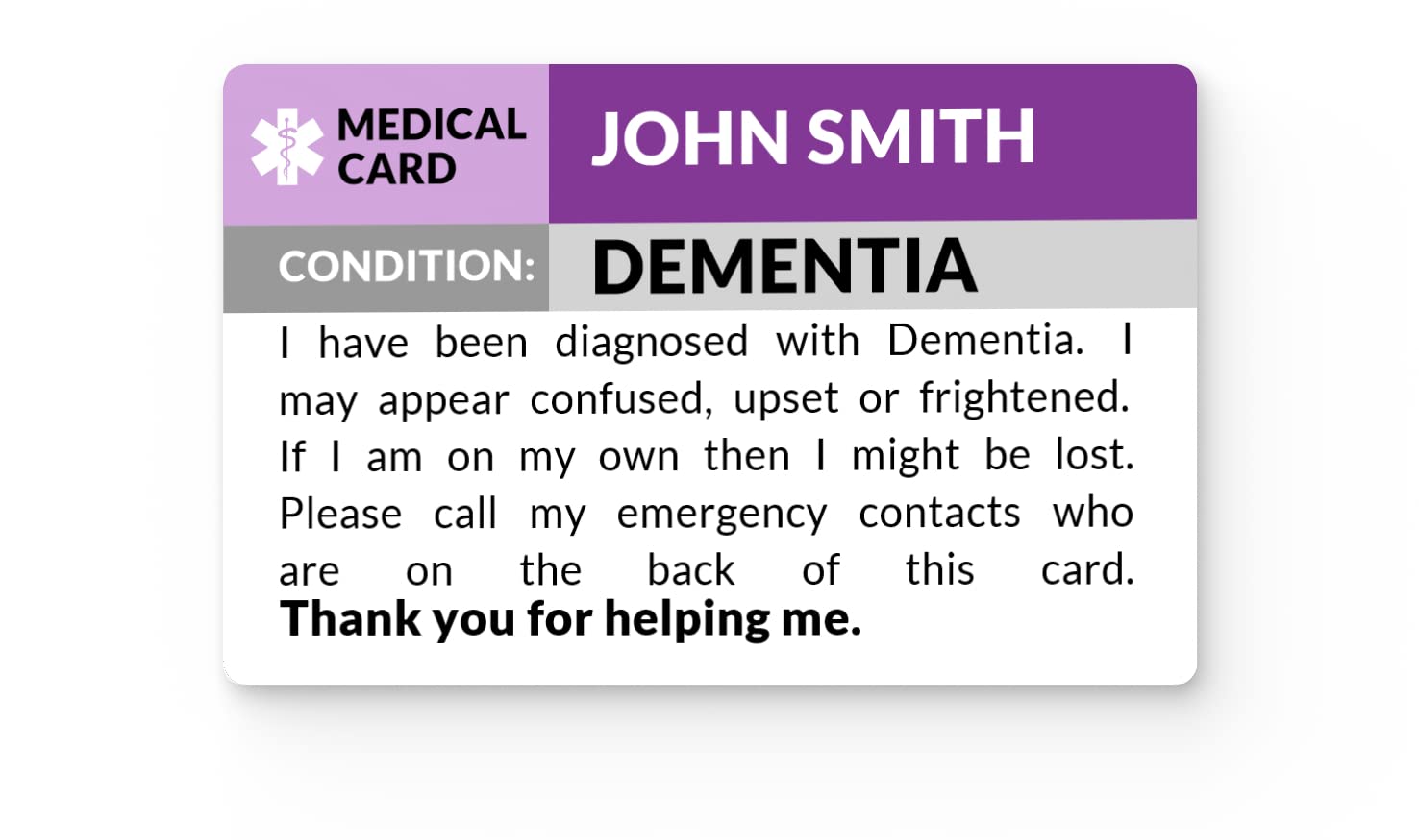 Dementia Awareness Medical ID Alert Card