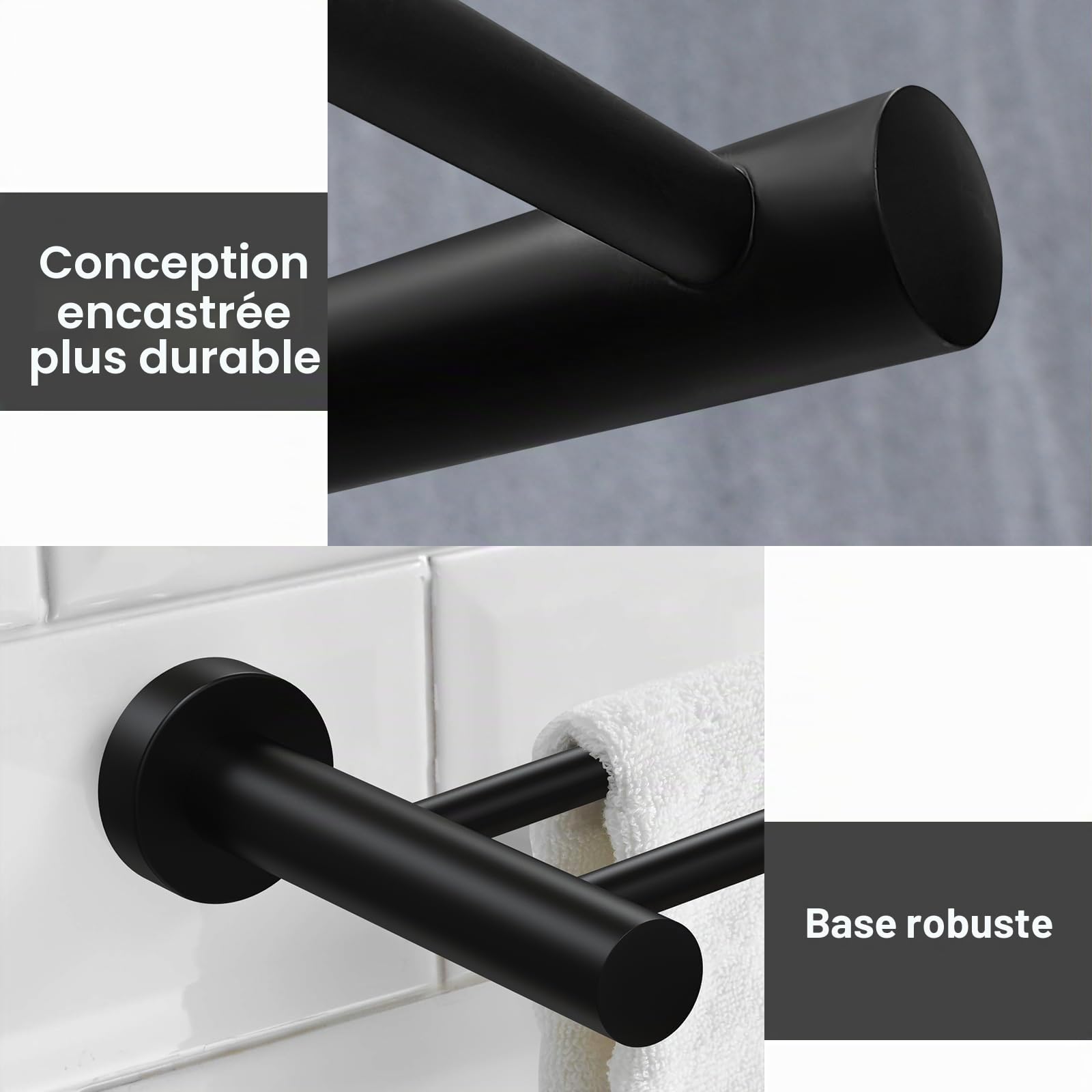 Porte Serviette Rétractable 43-72CM Porte-Serviettes Barre Porte-Serviette Acier Inoxydable Porte-Serviettes Mural, Noir (Double Barre)