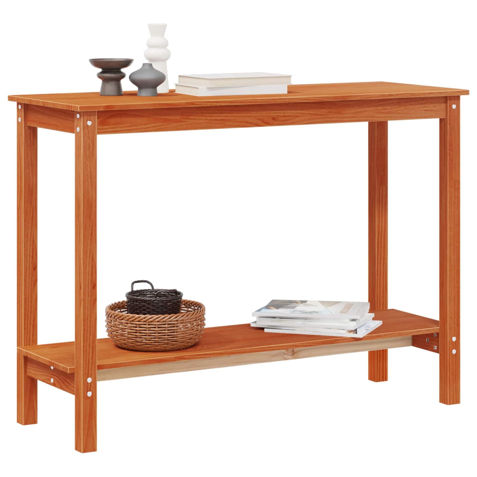 Mesa consola marrón cera madera de pino macizo 110 x 40 x 80 cm con estante, mesa auxiliar versátil para salón, pasillo, dormitorio, estante estable para decoración, libros y bebidas