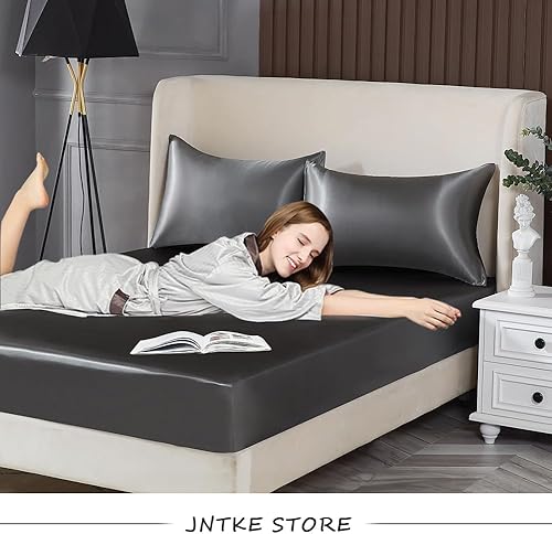 Miniatura 6 de JNTKE Sábana bajera ajustable de satén de seda, sábana bajera ajustable suave y sedosa, sábana bajera de lujo y ultra cama, sábanas de fondo