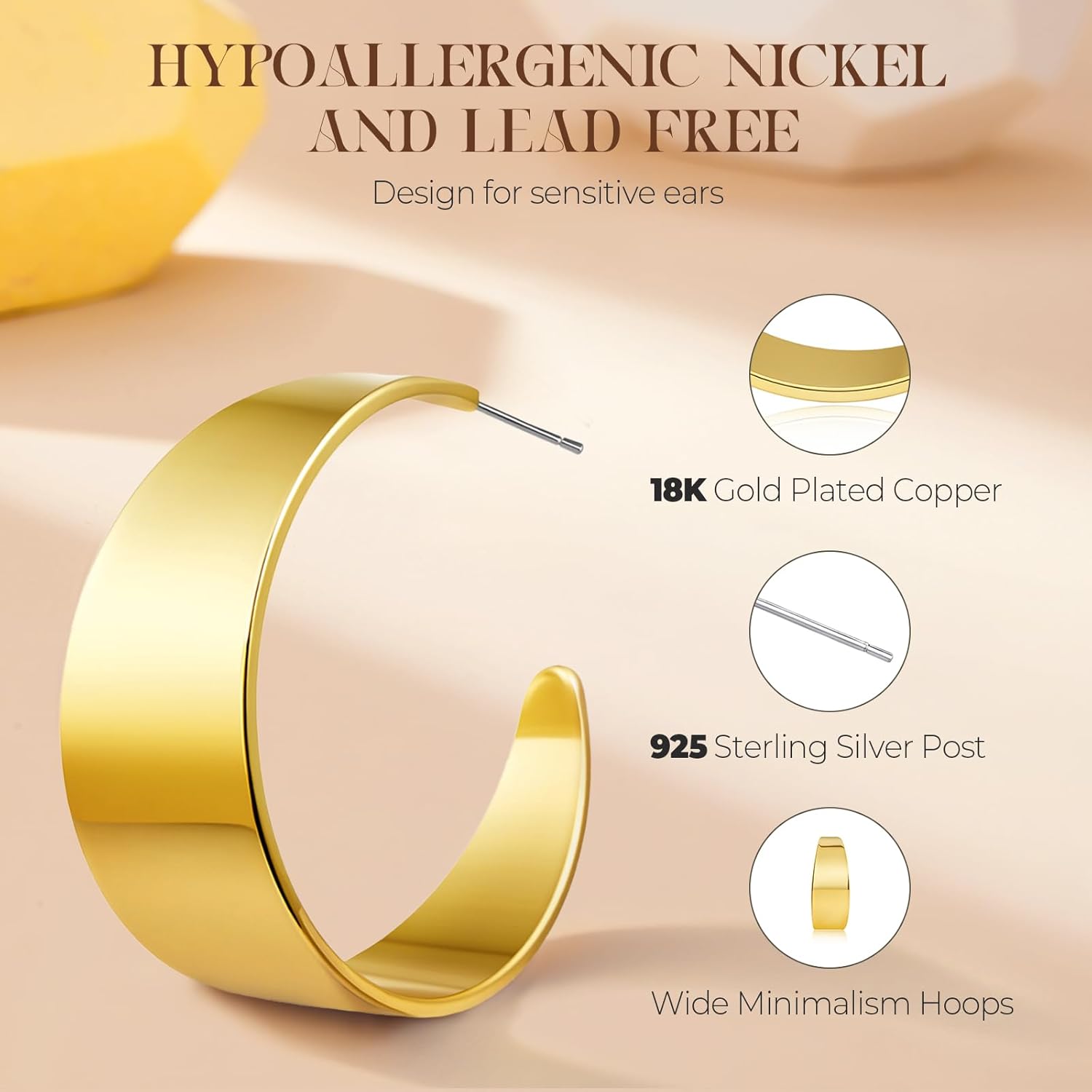 Chunky Gold Hoops Hypoallergenic Thick Statement Earrings for Women 18K Gold Plated Wide Hoop Earrings with Sterling Silver Post
