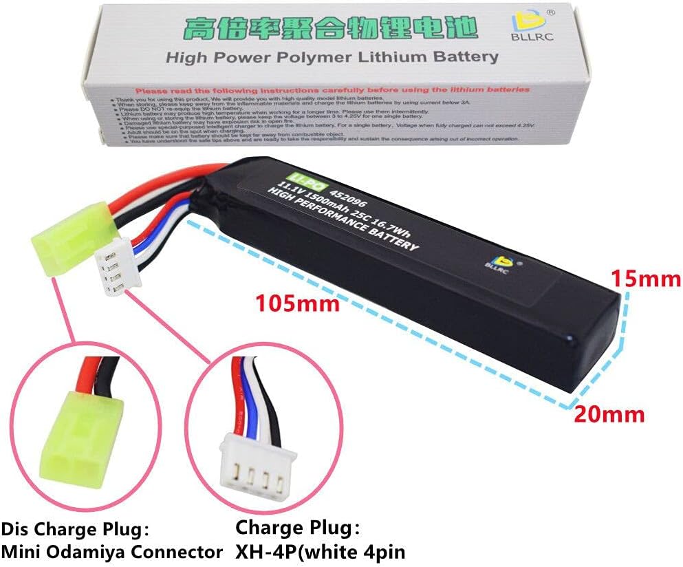 2PCS 3S 11.1V 1500mAh Airsoft Lithium Battery With Odamiya Connector, Suitable For Airsoft G36C, CAR15, MP5A5, M249, MC51, FNP90, G3A4 Upgrade Or Modification And Other Series Of Airsoft Rifles
