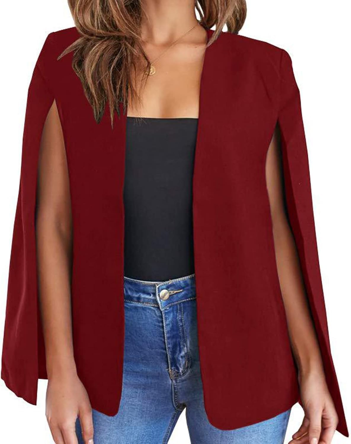 Blazer A Mantella da Donna con Maniche Divise, Aperto sul Davanti, Elegante, Solido, Giacca da Lavoro Professionale per Ufficio, Red, XL