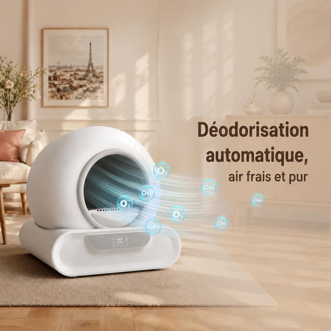 Litière Automatique Autonettoyante 74L pour Chat, Contrôle Via APP, Anti-Pincement, Désodorisation Ionique, avec Tapis et 5 Rouleaux de Sacs, Grande Capacité pour Plusieurs Chats
