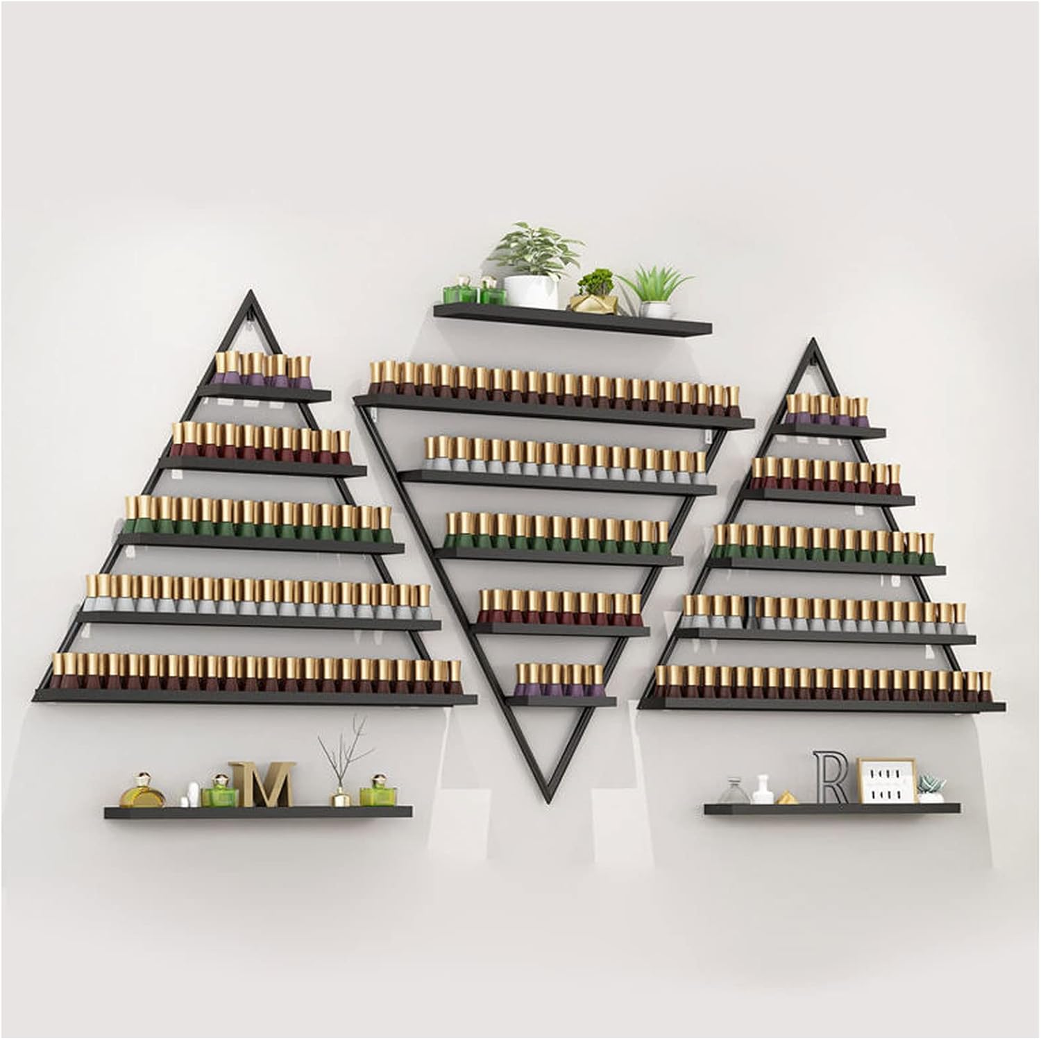Wall Mounted Nail Polish Rack Triangle Metal Storage Rack 6 Sets Nail Polish Holder Essential Oil Holder, for Nail Techs Nail Salon Shop/Retail Shop,Black