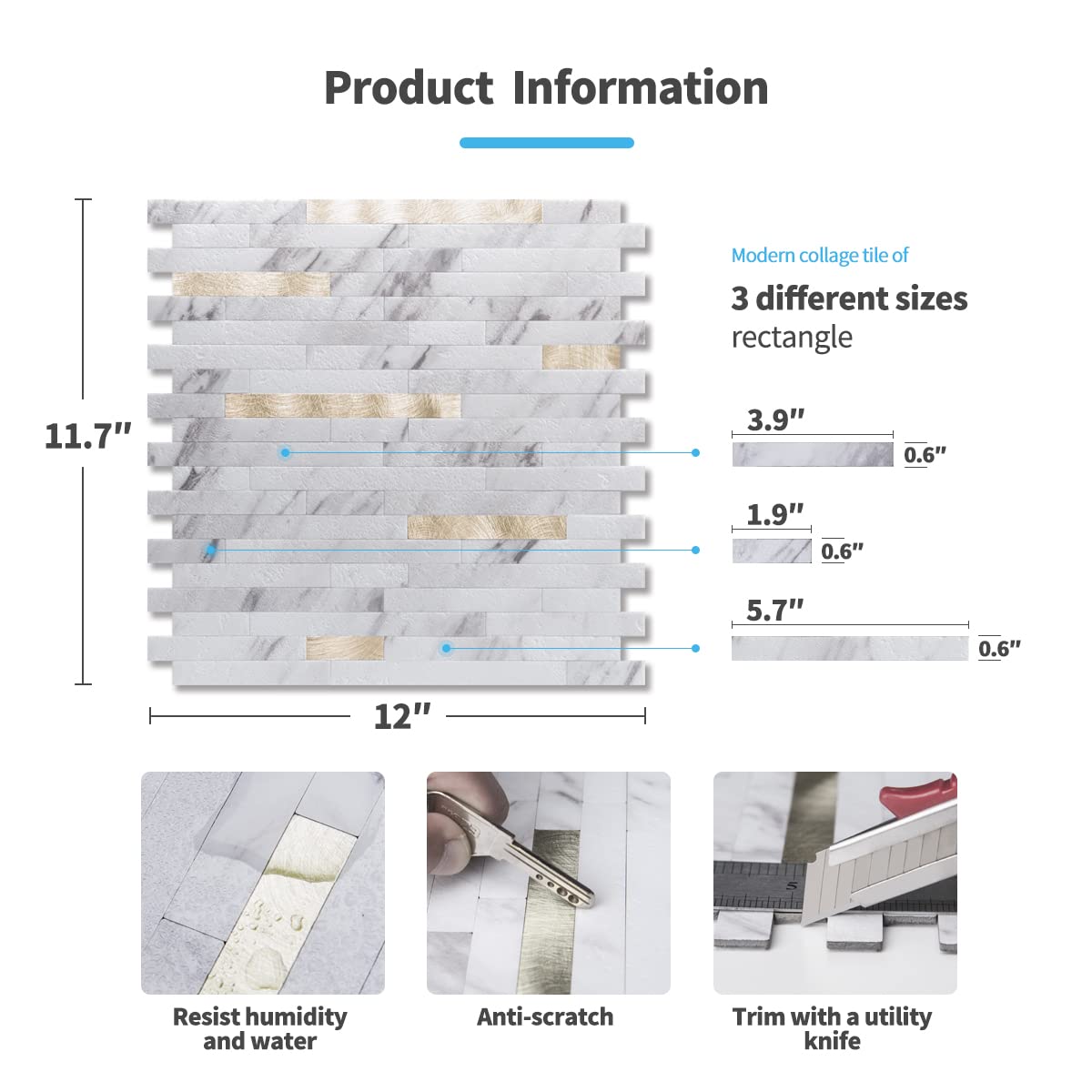 Art3d 10-Sheet Peel and Stick Stone Overlay Kitchen Backsplash Tile - Volakas White Embellished with Metal Gold