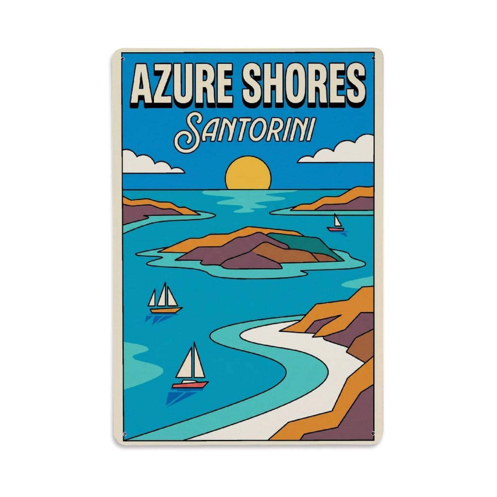 Gead 8X12inch Style Vintage Travel Santorini Azure Shores Metal Tin Sign