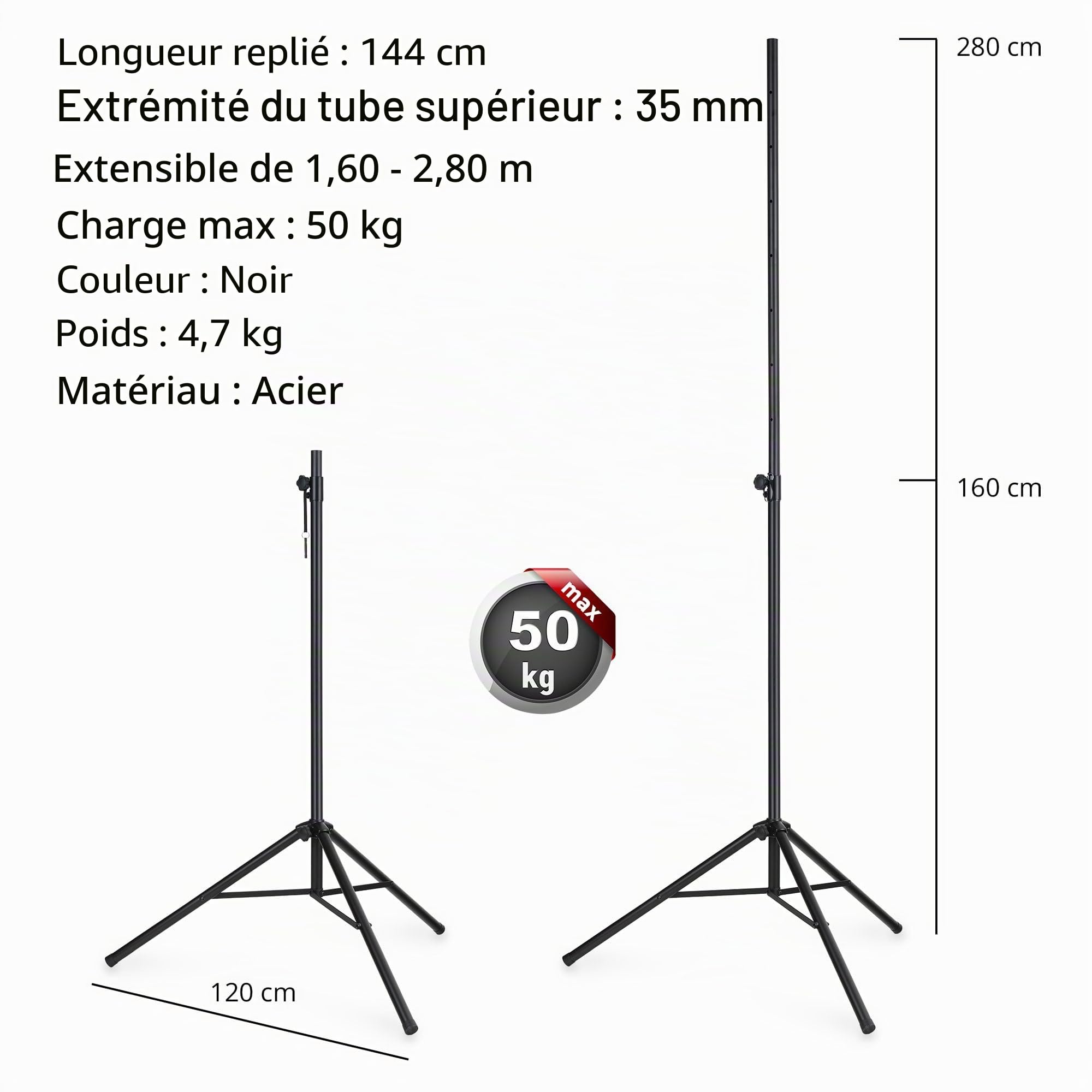 Showlite LS-270S Set Double De Trépied D'Éclairage (trépied pour enceintes solide en aluminium avec pied tripode inclus, adaptateur de trépied compatible pour 2 projecteurs) Noir