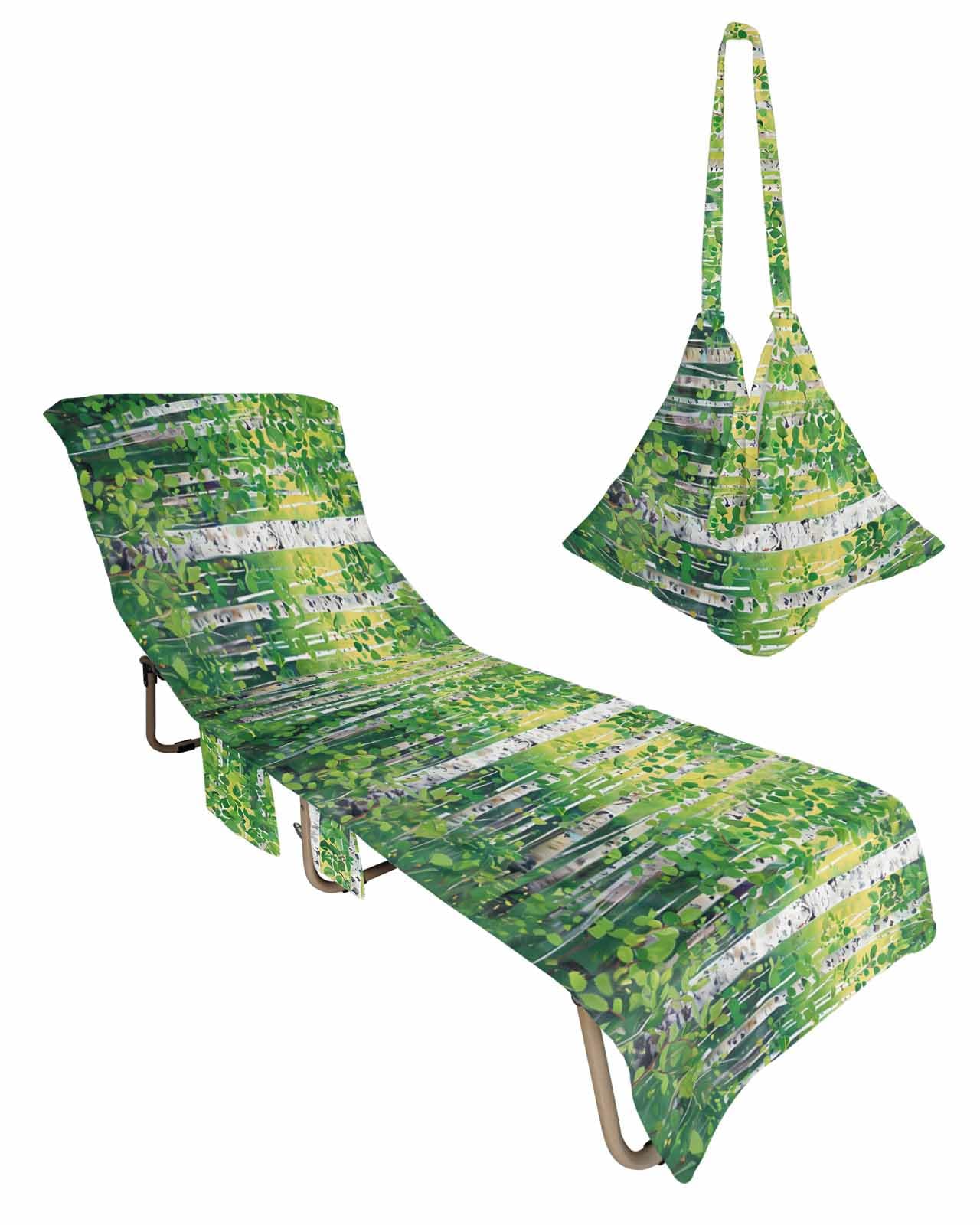 Green Forest Beach Chair Cover with Side Pockets, Microfiber & Quick Dry Pool Chaise Lounge Chair Towels Covers for Sun Sunbathing Patio Garden Hotel, Modern Abstract Tree Art Painting Leaves
