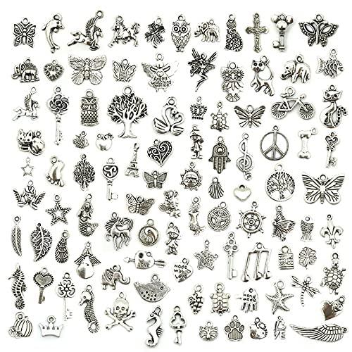 100 Pieces Wholesale Bulk Lots Jewelry Making Silver Charms Mixed Smooth Tibetan Silver Metal Charms Pendants Animal figures DIY for Necklace Earring Bracelet Keyrings and Crafting