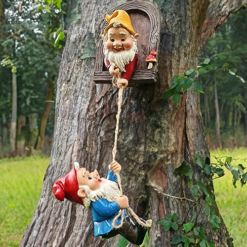 Teaeeno Funny Garden Gnome Statue Outdoor Figurines, Gnomes Running Away from Windows Tree Hugger for Lawn Patio Yard Decorations, Elf Tree Face Climbing Gnomes Trees Peeker Sculpture