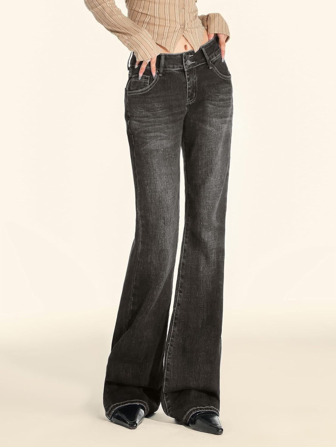 EMMIOL Women's Mid Low Rise Flare Jeans Stretchy, Y2k Boyfriend Bootcut Baggy Denim Pants - Image 4