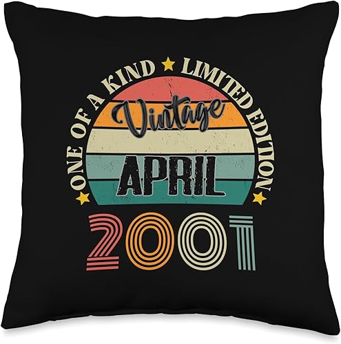 23 Year Old Vintage April 2001 23rd Birthday Retro Throw Pillow, 16x16, Multicolor