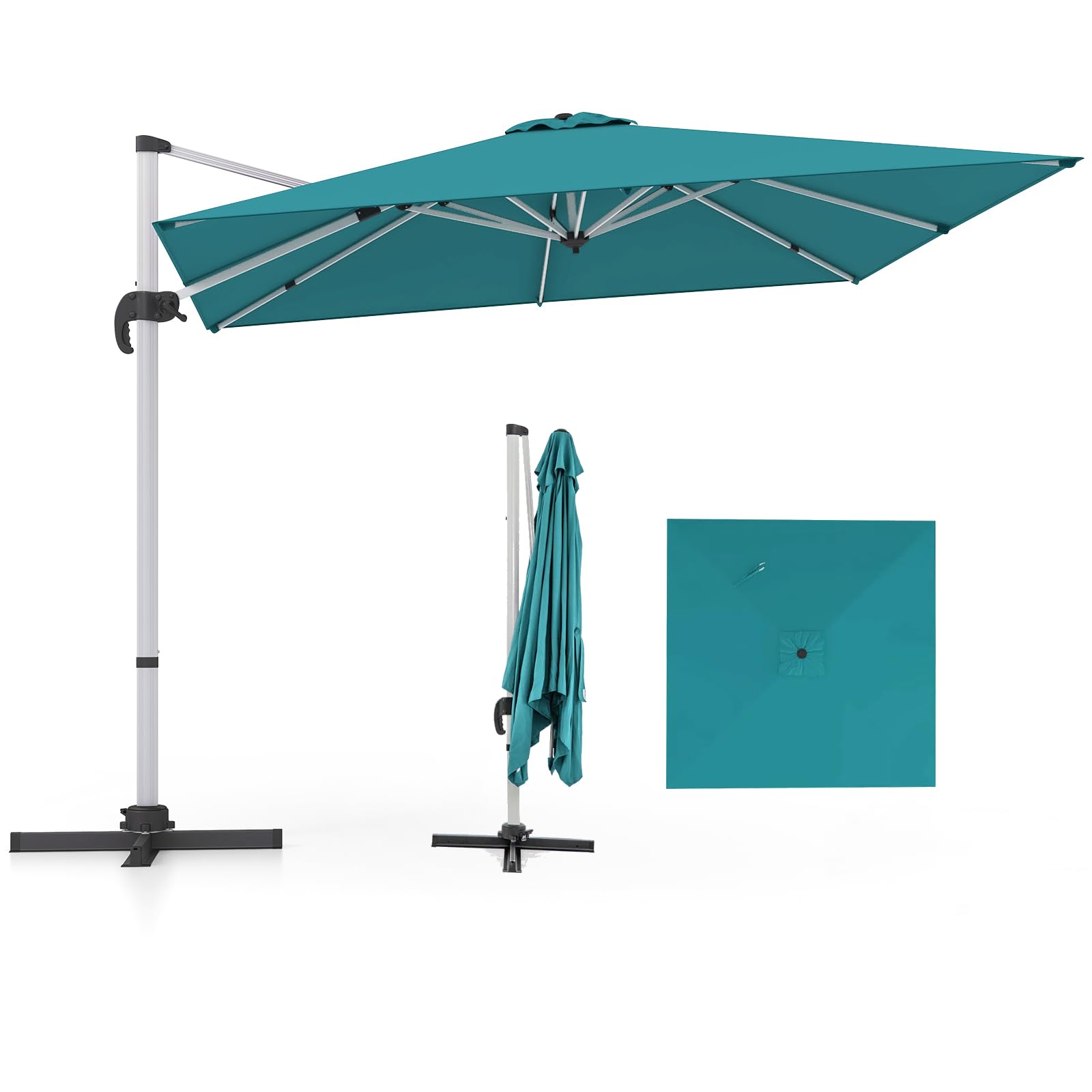 COSTWAY Ombrellone da Giardino 300 cm, Ombrellone Quadrato da Esterno con Rotazione a 360°, Inclinazione Regolabile, Base a Croce, 8 Stecche (Blu)