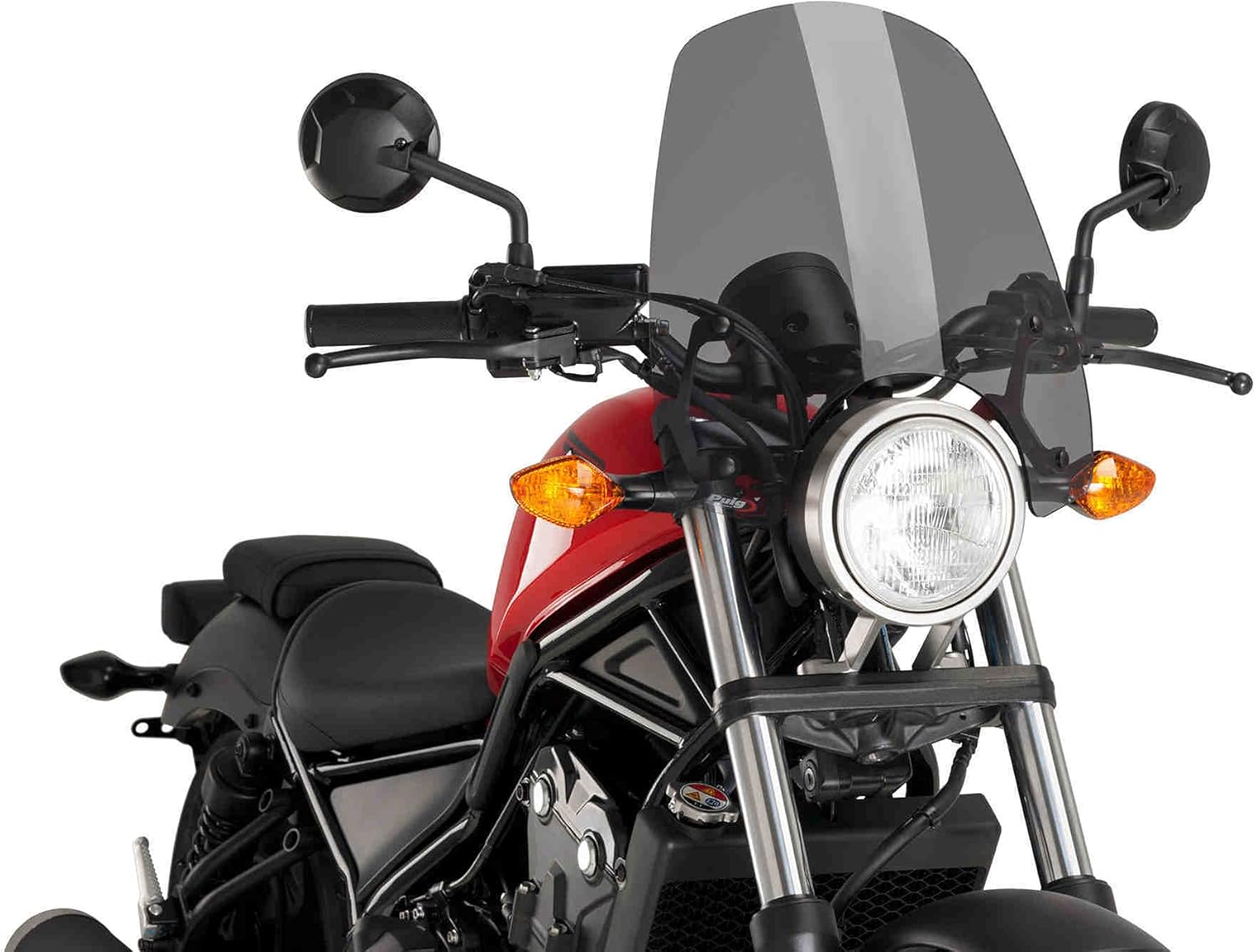 Puig New Generation Touring Windshield installed on a red Honda Rebel motorcycle, angled view.