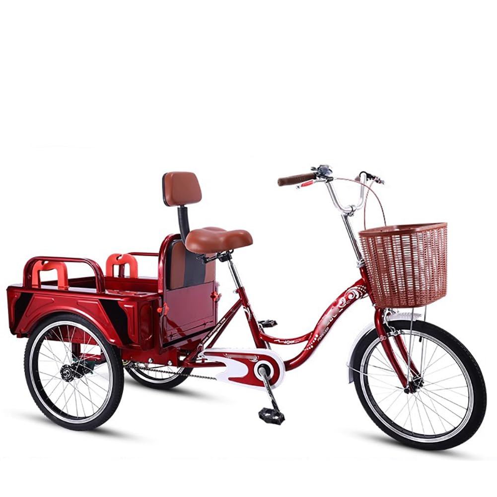 MegLob 20 Inch Adult Tricycles 1 Speed, 3 Wheel Bikes Adult Cruise Trikes, Three-Wheeled Beach Cruiser, Low Step-Through Carbon Steel Frame, Stable 3-Wheel Cargo Bicycle for Shopping,Red pro