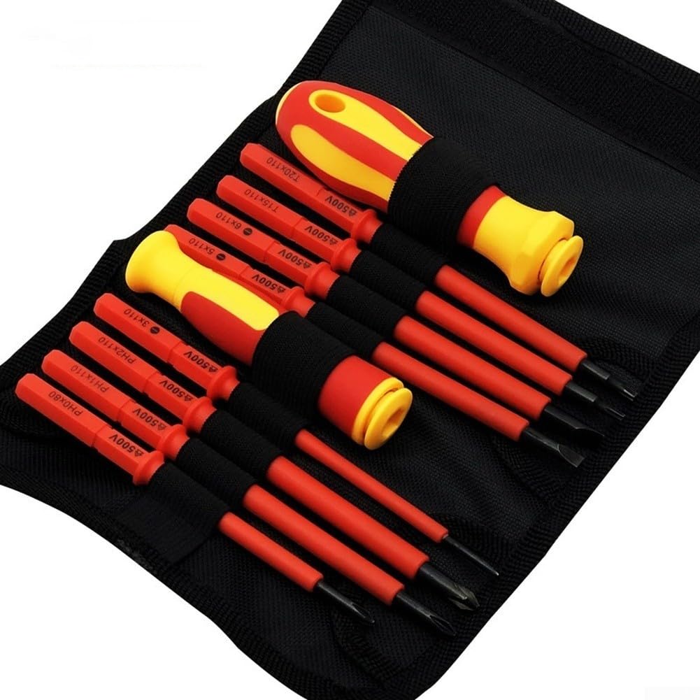 Wusvive Insulated Magnetic Screwdriver Set 10-in-1, 500V Safety Electrician Tools, Chrome Vanadium Steel, PH/Slotted/Torx Bits with Ergonomic Grip