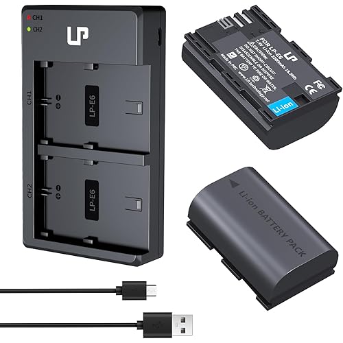 LP LP-E6 E6N Battery Charger Pack, 2-Pack 2600mAh Battery & Dual Charger Compatible with Canon EOS R, R5, R6, 90D, 80D, 70D, 60D, 60DA, 5D Mark II, 6D, 6D Mark II, 7D, 7D Mark II, XC15, XC10 Cameras