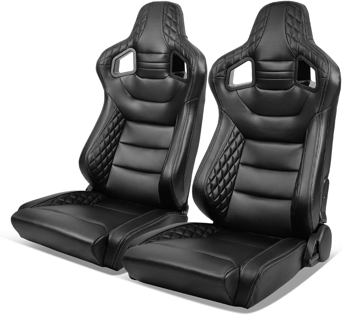 Universal Pairs of Racing Seat with Dual Sliders, Microfiber Leather Front+Carbon Leather Back Reclinable Bucket Seat, Black Microfiber Leather-Flat Style