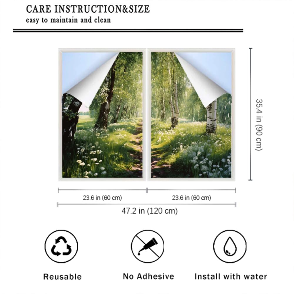 Rustic Forest Window Privacy Film Natural Flowers and Plants Modern Stained Glass Window Film Decorative Window Cling for Home Window&Glass Door, Sun Blocking 23.6Wx35.4L-inch x2 Pcs