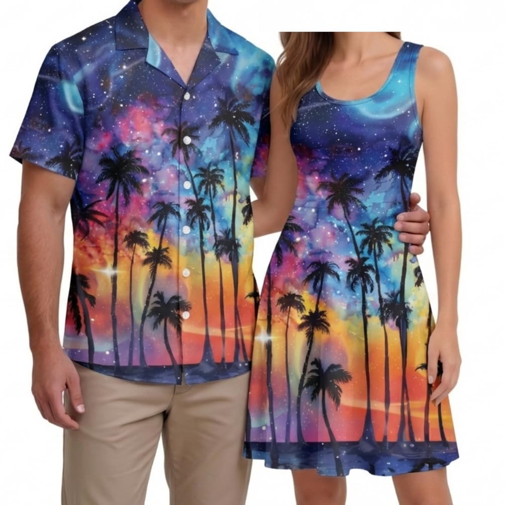 Hawaii Matching Couple Outfits Husband and Wife Clothing Fashionable Mens Casual Shirts Hawaii Dress with Soft Fabric