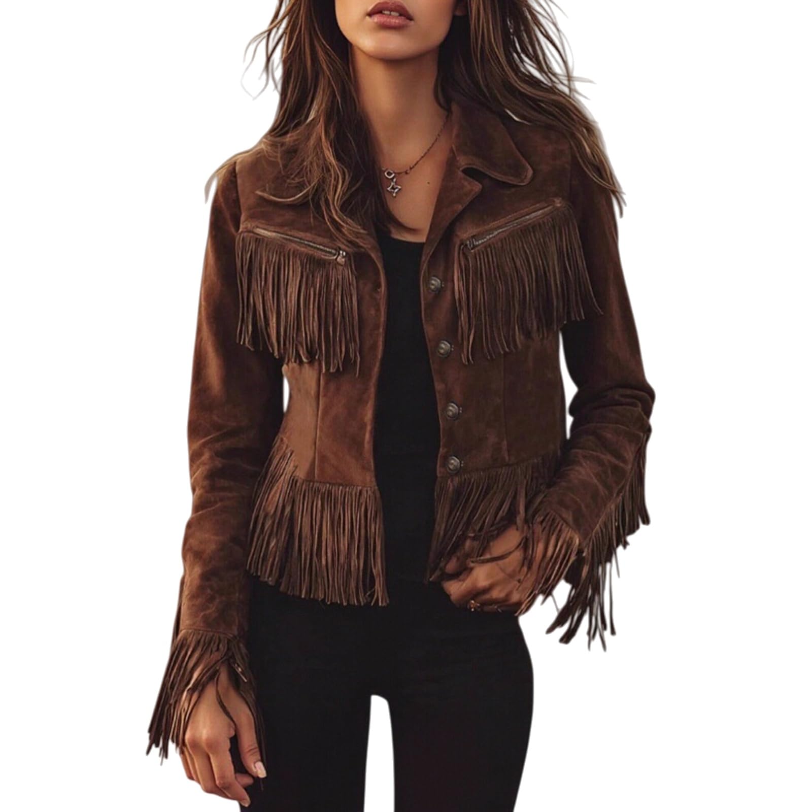 Toumov Women's Fringe Faux Suede Leather Jackets Vintage Western Cowgirl Tassel Jackets Motocycle Biker Cropped Coat Outwear