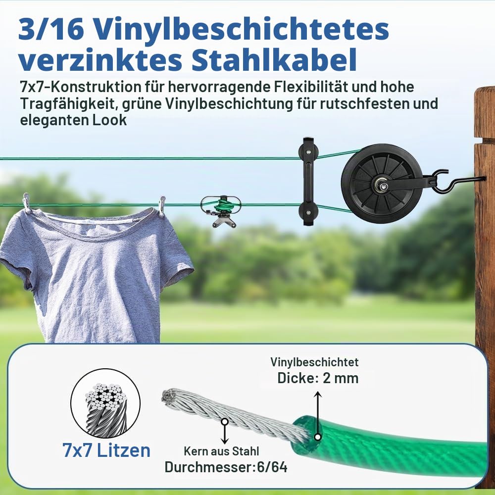 45m Wäscheleine Riemenscheibe Set, 4,5mm Grünes PVC Ummantelt Drahtseil mit 16cm Nylon Umlenkrollen, M8 Schraubhaken, Spreizer Wäscheleine, Wetterfest für Outdoor Wäsche Trockenschnur