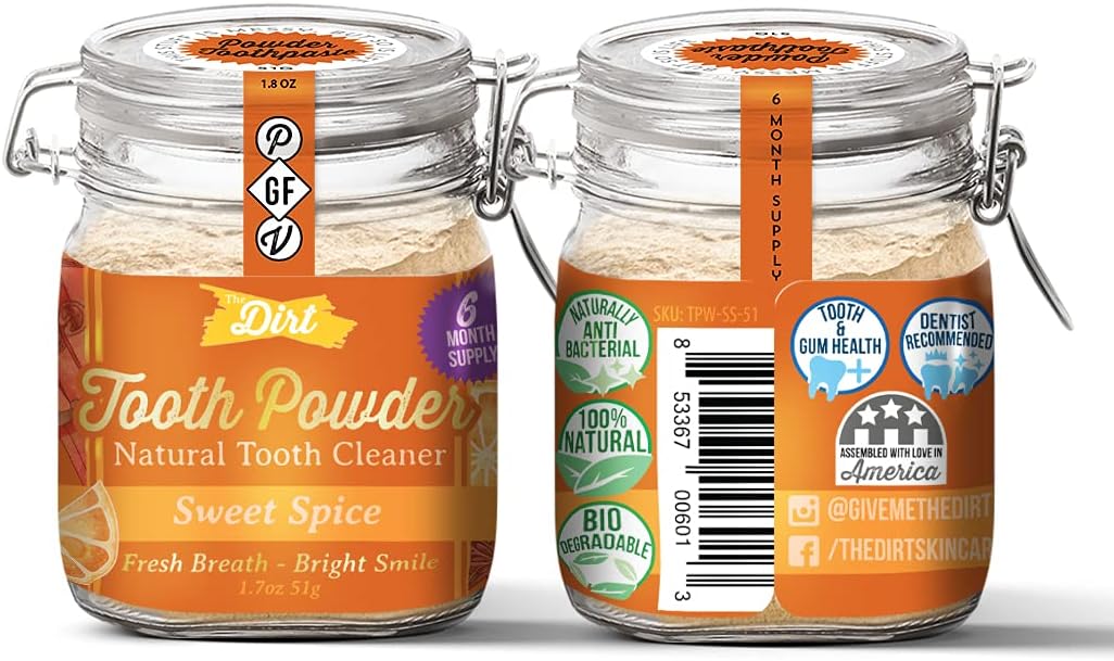 The Dirt - Remineralizing Tooth Powder, Natural Fluoride-Free Teeth Whitening Powder with Hydroxyapatite, Flouride & Gluten Free, Organic Vegan (Sweet Spice, 51g: 6 Month Supply)
