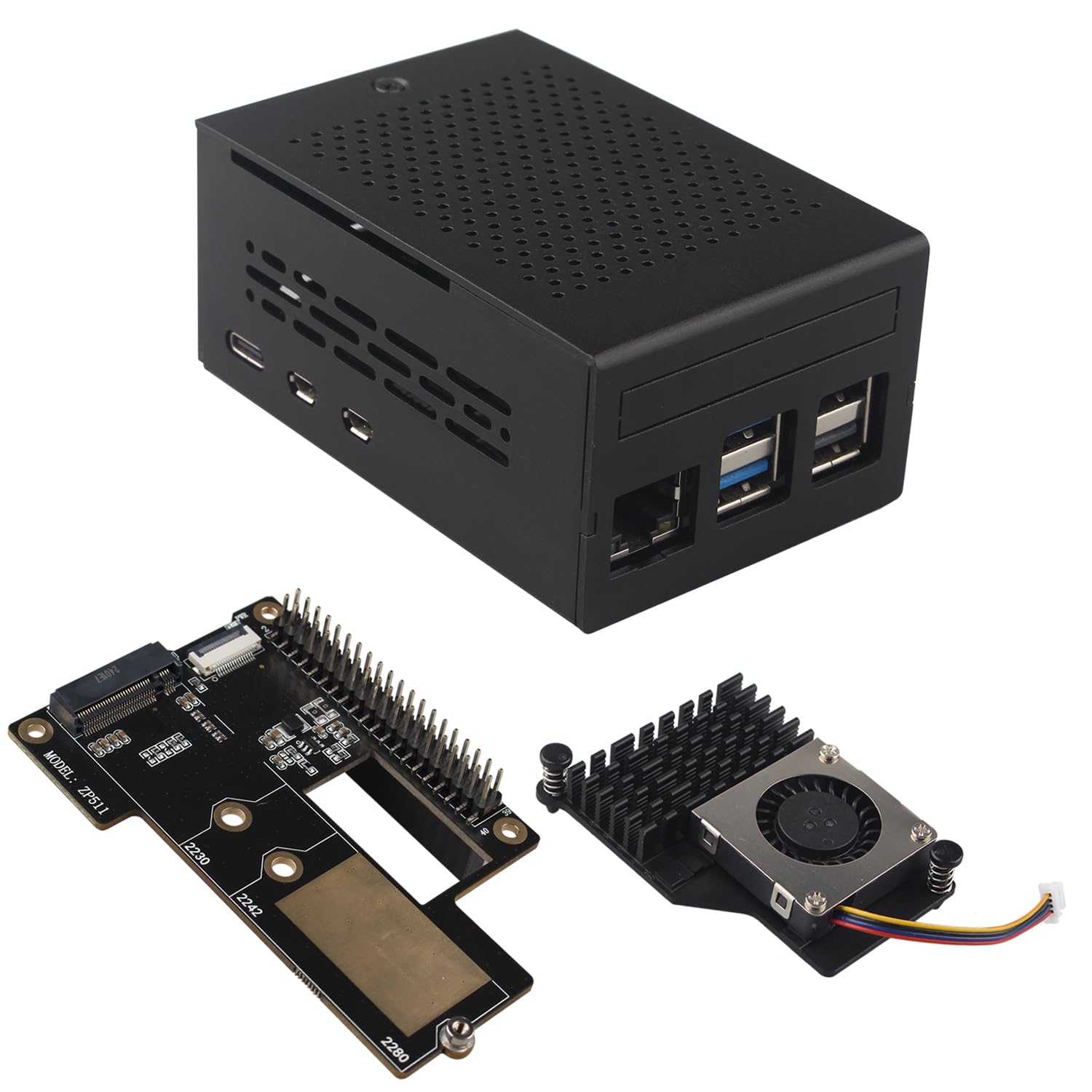 ZDE ZP511 PCIe to M.2 Key M NVMe SSD HAT with Aluminum Case ZC501 and Active Cooler ZP536 for Raspberry Pi 5 Support M.2 NVMe SSDs 2230 2242 2280