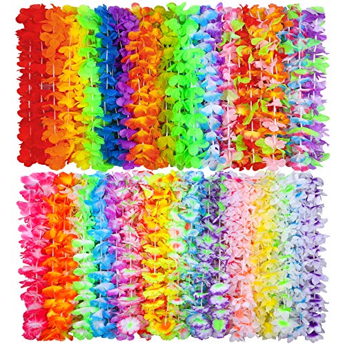 Ruisita Lot de 72 colliers hawaïens Leis de 36 couleurs avec fleurs hawaïennes pour décorations de fête sur le thème tropical, décoration de fête sur la plage