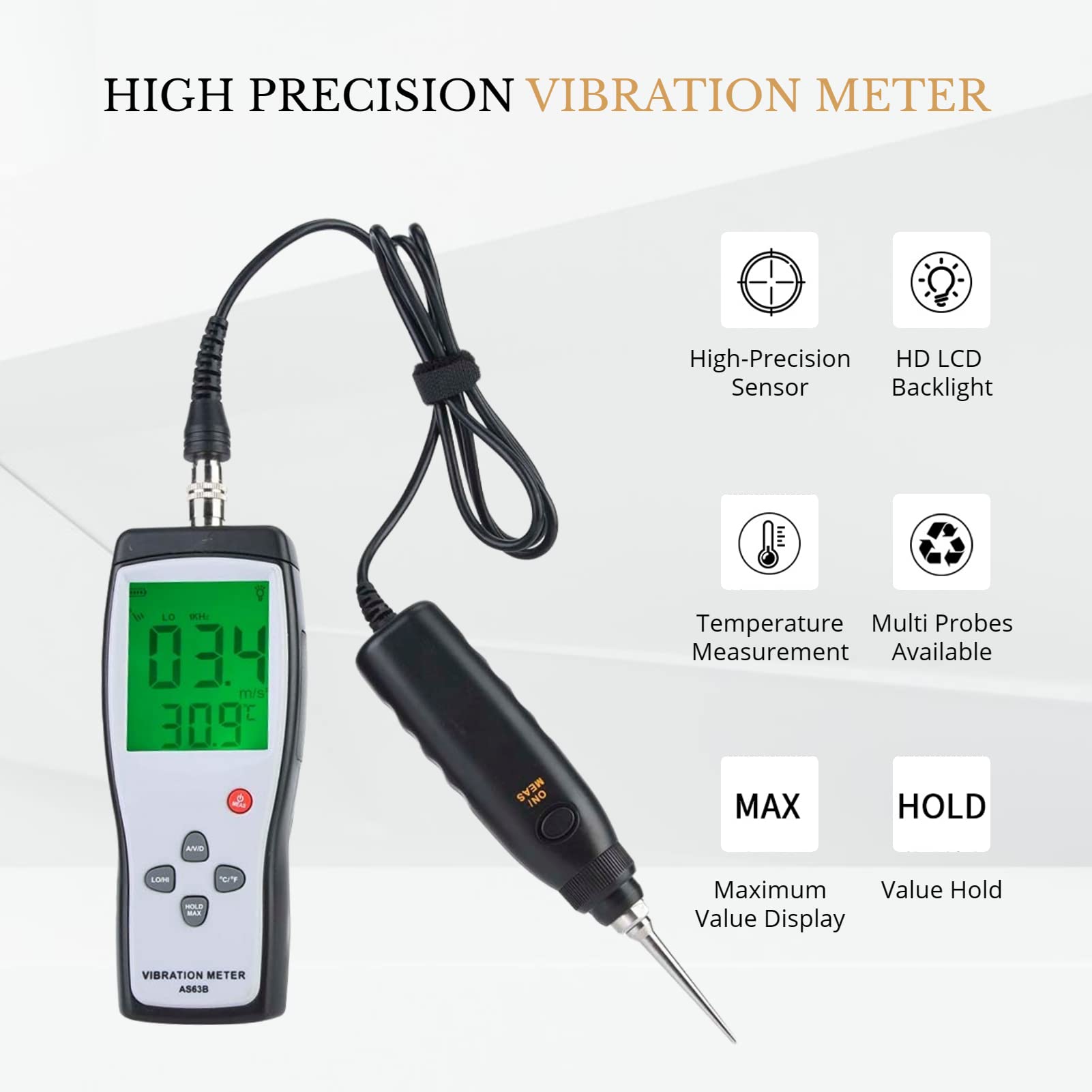 Tester di Vibrazione, Analizzatore di Vibrometro Portatile con Retroilluminazione del Display LCD AS63B, Misuratore di Vibrazione Digitale Vibrometro Ad Alta Sensibilità con Custodia