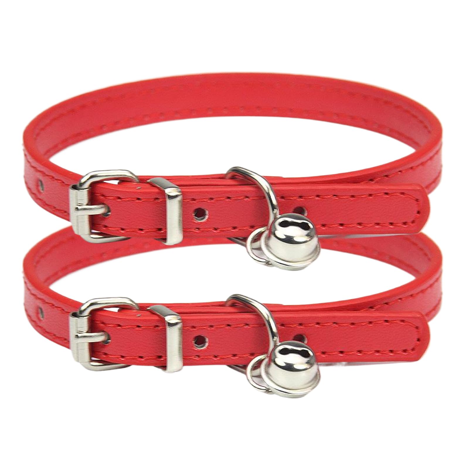 2 Red Leather Cat Collars, Safety Quick Release Buckle, Kitten Collars with Bell, Adjustable Small Pet Collars for Male and Female Cats
