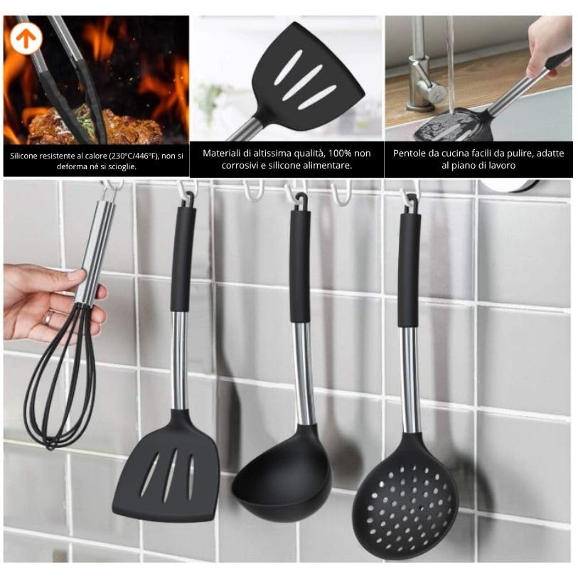 TINA&CO Set di utensili da cucina in silicone 15 pezzi con manico in acciaio inox, resistenti al calore, antiaderenti, spatole grandi, lavabili in lavastoviglie (rosso)
