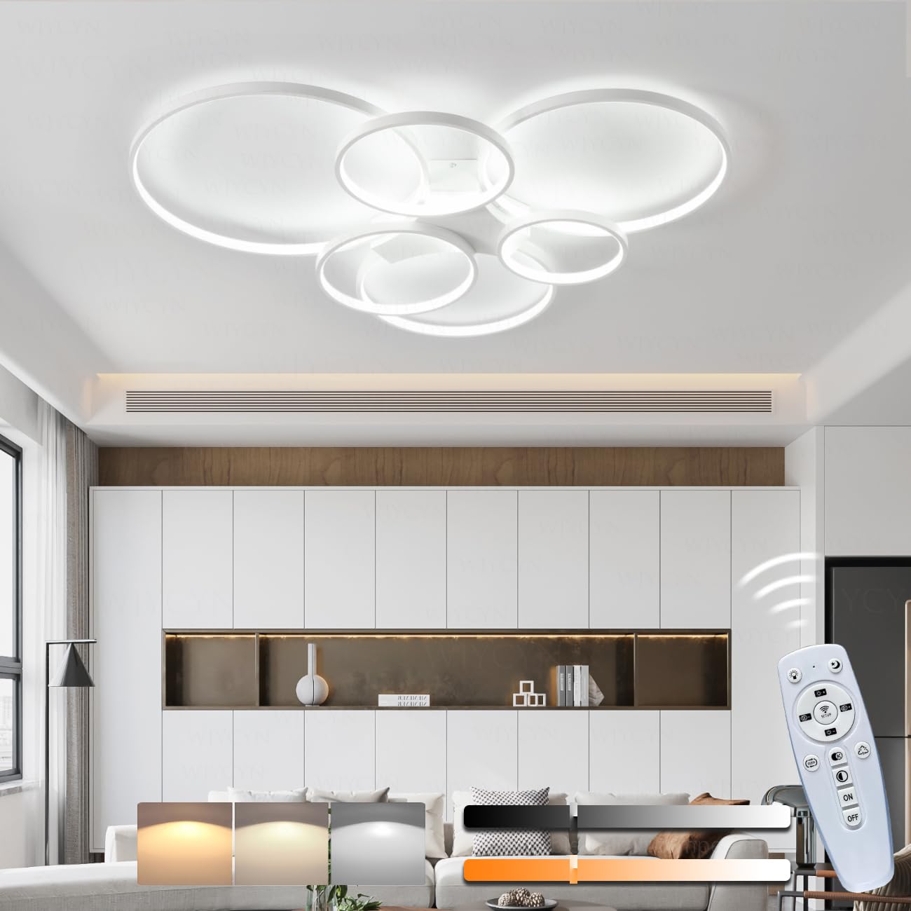 Kreatywny Ściemnialna 6-pierścieniowa lampa sufitowa do salonu 90W z pilotem 3000K-6500K Nowoczesne Plafon LED sypialni Energooszczędne Możliwość przyciemnienia do jadalni kuchni biur L100cm (Biały)