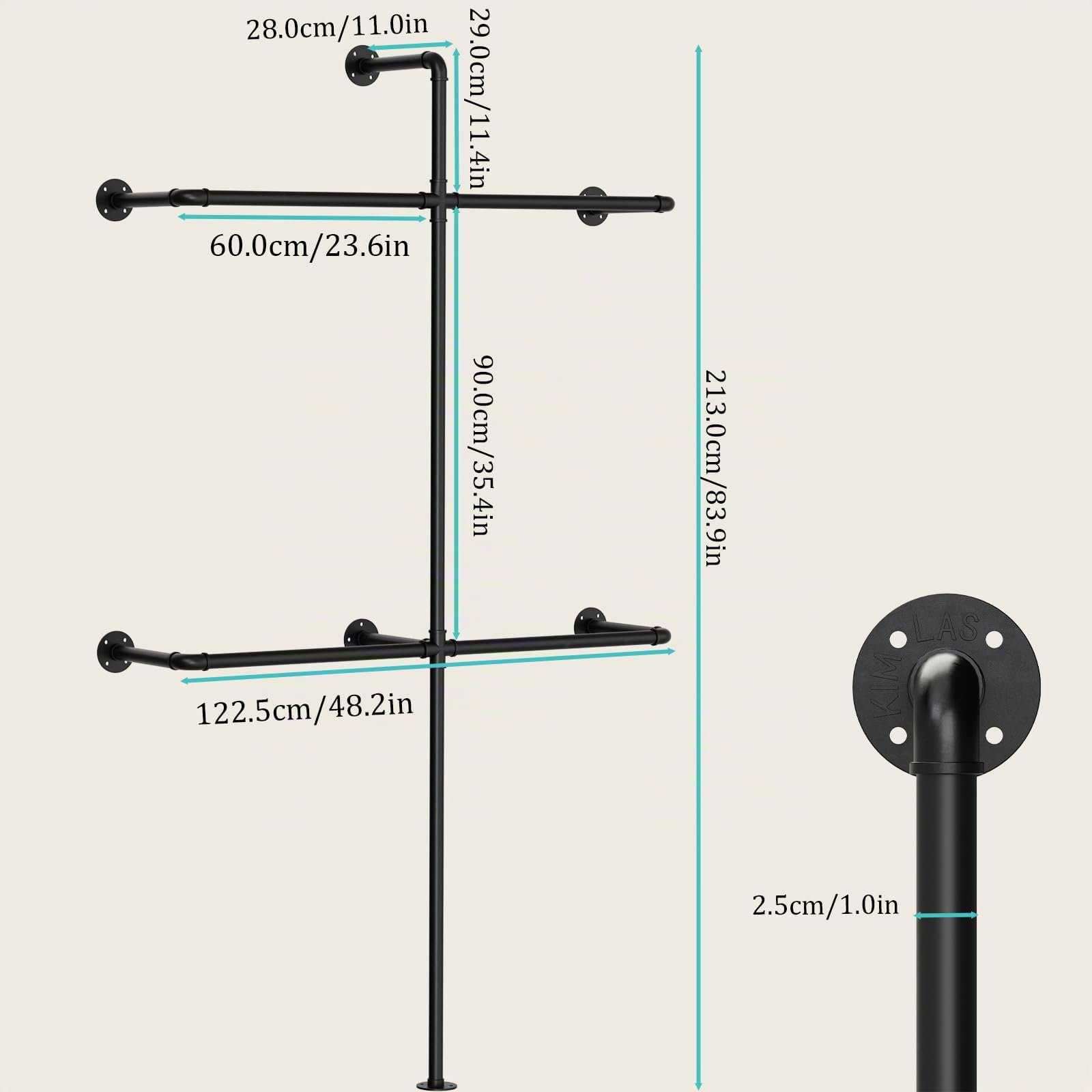 Yawinhe Barra Para Colgar Ropa de Pared,2 Columnas Armario Abierto,Negro | Metal Colgadores de ropa, Perchero de Pared Industrial,Perchero Pared para Colgar Ropa;Barra Pesada Montada en la Pared