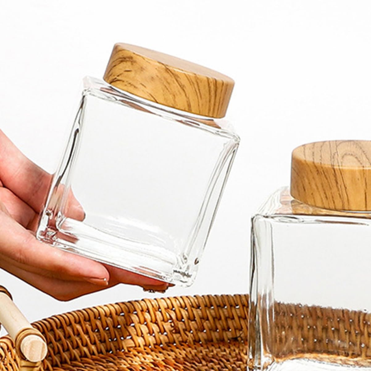 Tarros de Vidrio con Tapa de Madera Herméticos de 180ml, Paquete de 2 Unidades, Durabilidad Excepcional y Estructura Reforzada para Uso en Cocina
