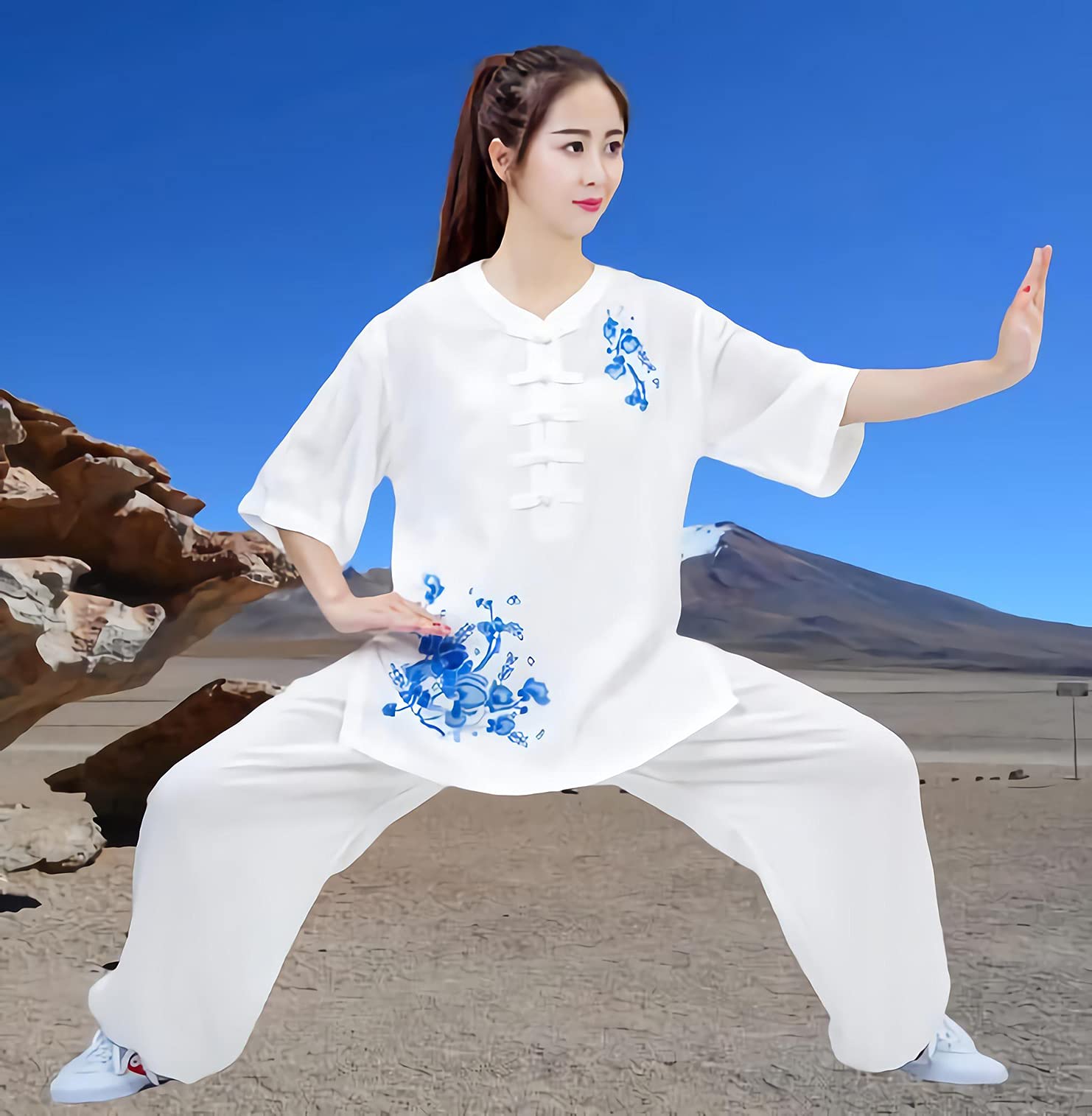 Odzież Qigong Kobiece lato, elegancka letnia lniana bawełniana Linentai Chi z krótkim rękawem, spodnie Taichi Quan Lantern Odzież do ćwiczeń Ubrania Haft Niebieski-XXL