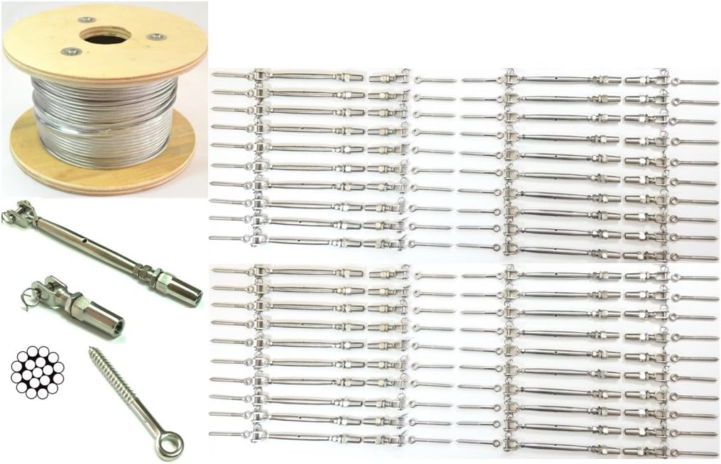 5/32 Cable Railing Kit 36"Stainless Steel 316 Cable 5/32 1 * 19 500 ft,Tensioner Quick Installation Stainless Steel 316 40-Pack,Welded Fork Swageless 40-Pack,Eye Terminal W/Wood Screw 80-Pack